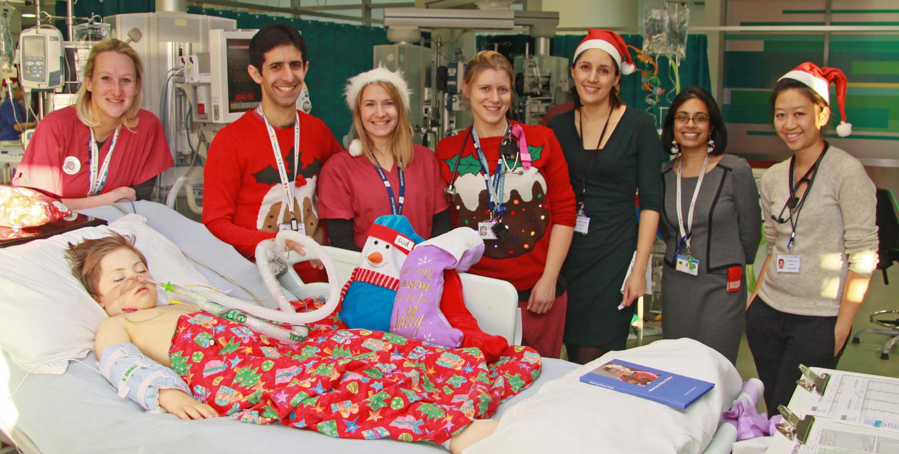 My son Adam ventilated in The Evelina Childrens’ Hospital, St Thomas', ICU, with his medical team on Christmas Day